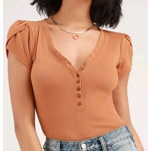 Free People Mia Blush Short Sleeve Bodysuit Womens Large Jersey Buttons Santa Fe